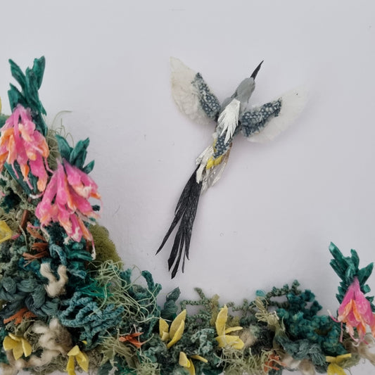 Cape Sugarbird fluttering between Ericas - Janet Ormond Art