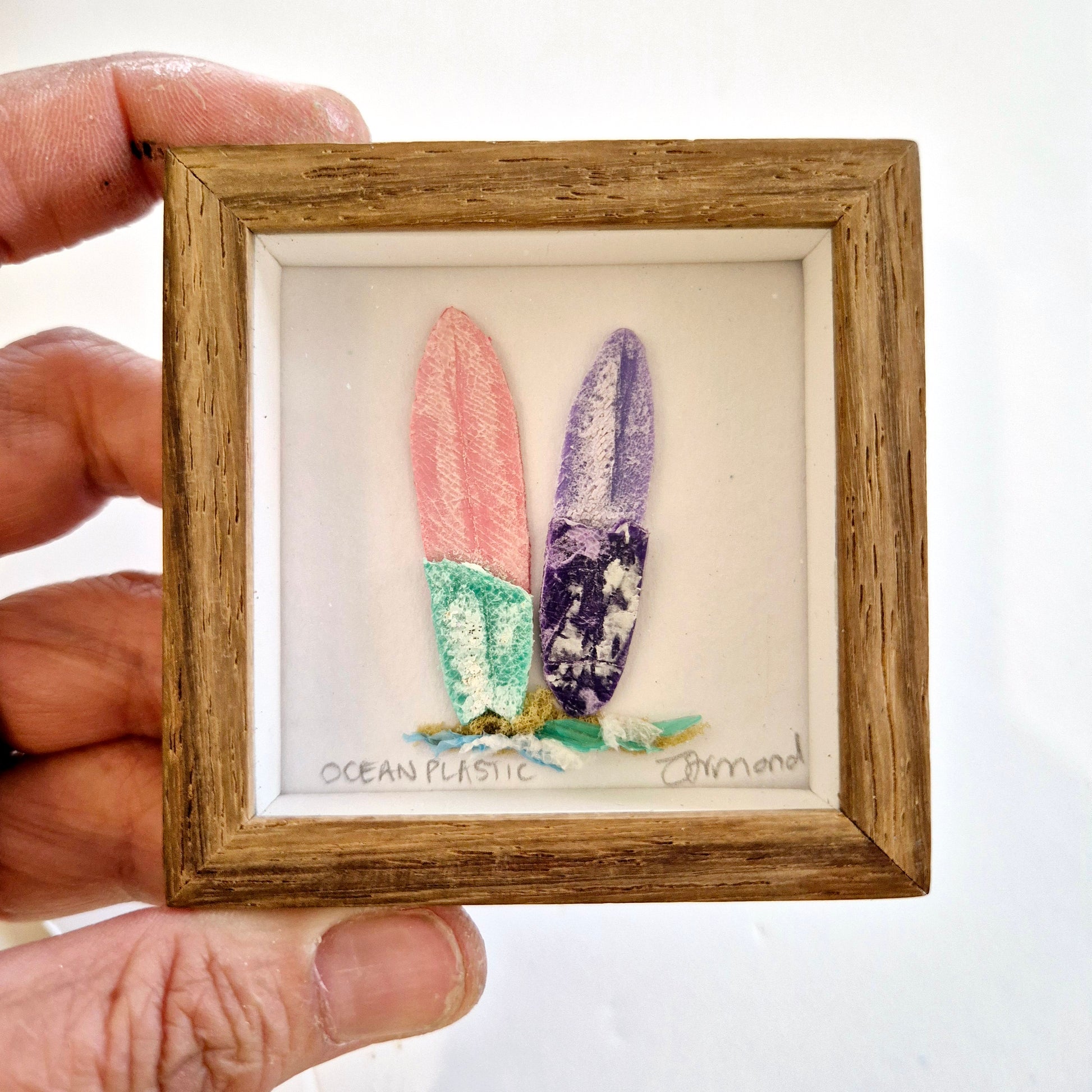 Framed Wall Art made from upcycled ocean plastic pollution by Janet Ormond Surf art