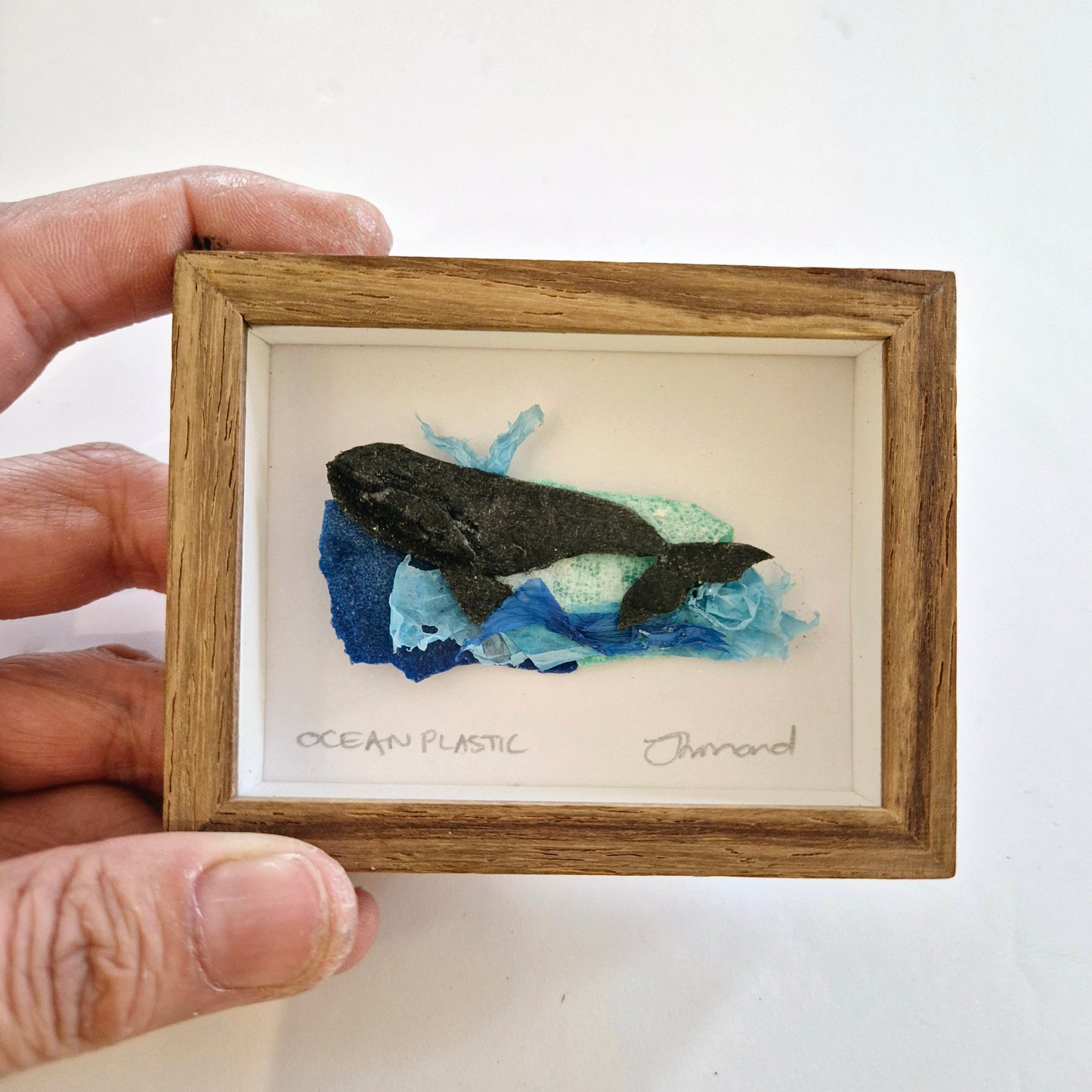 Framed Wall Art made from upcycled ocean plastic pollution by Janet Ormond Whale Art