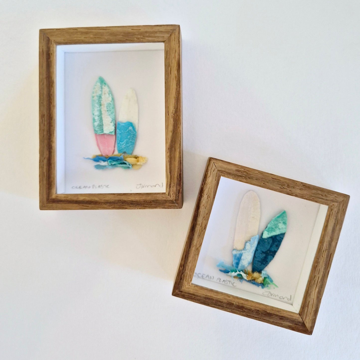 Framed Wall Art made from upcycled ocean plastic pollution by Janet Ormond Surfboard surf art