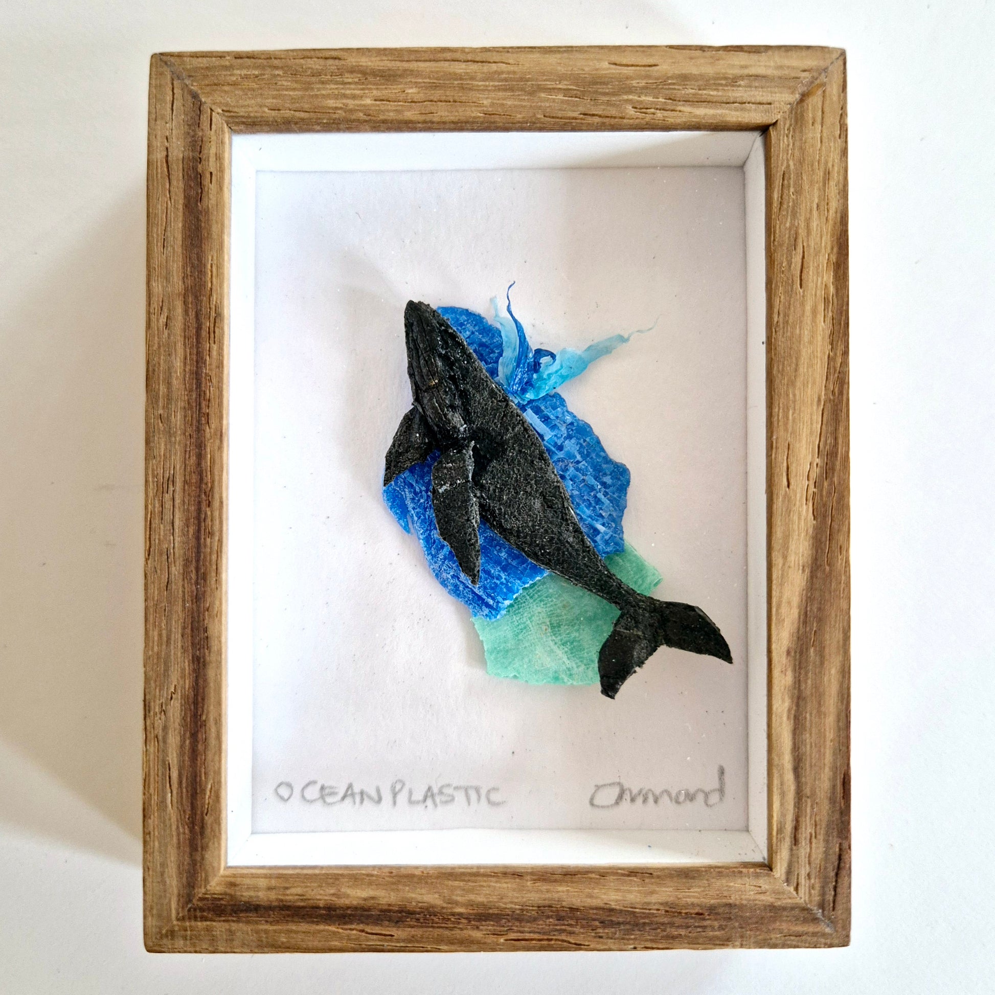 Framed Wall Art made from upcycled ocean plastic pollution by Janet Ormond - Whale art